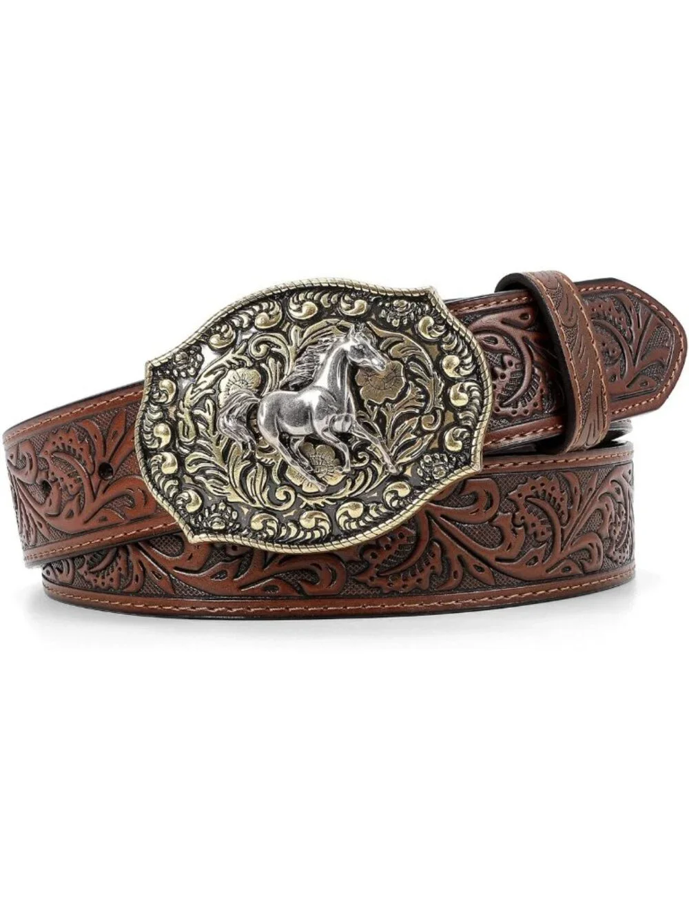 Stylish Embossed Leather Cowboy Belt for Men & Women with Horse Buckle